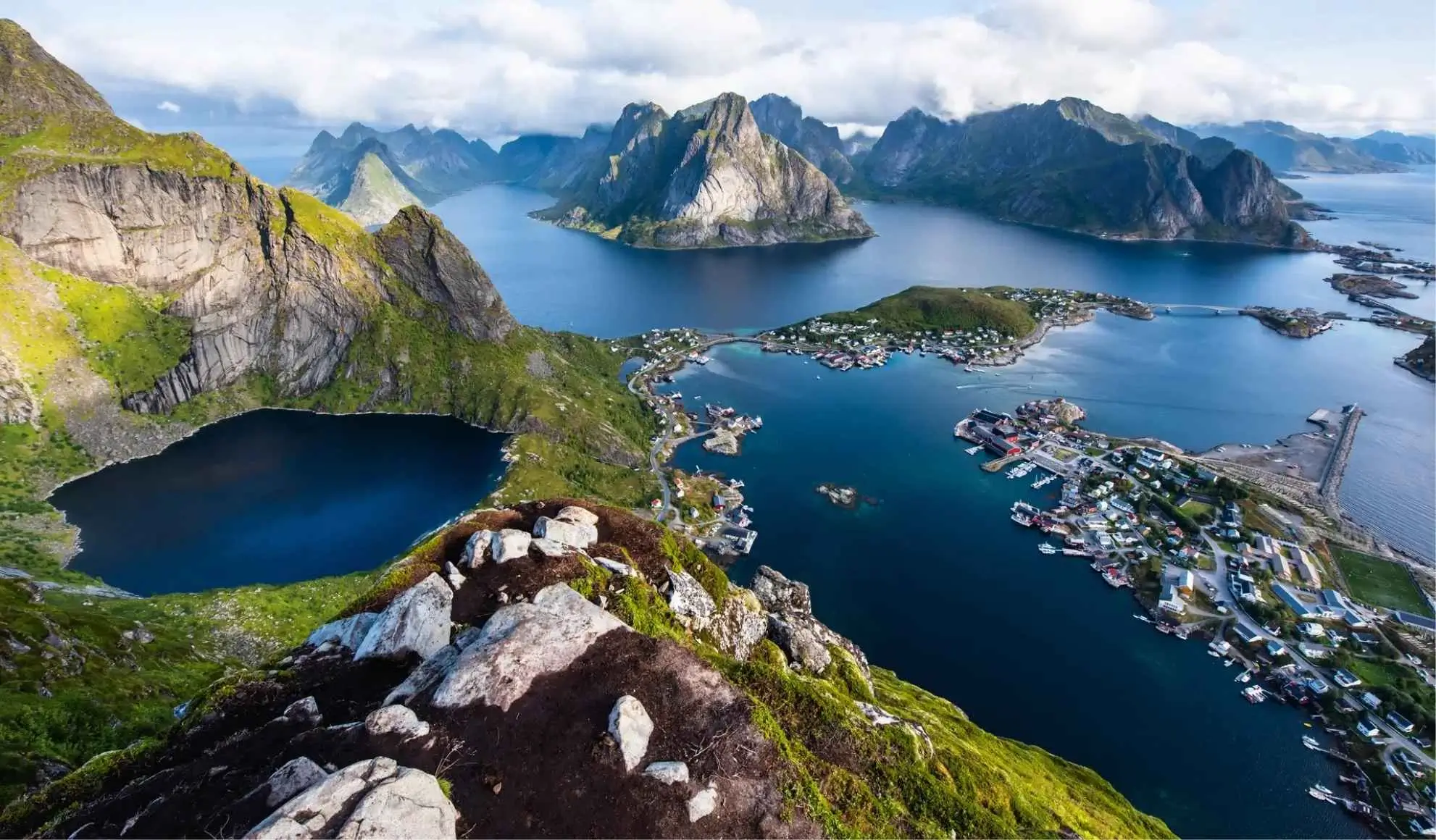 viaggi-incentive-lofoten-panorama-reine-volo-charter-flyness Viaggi incentive isole Lofoten: panorama aereo di Reine e fiordi, destinazione ideale per incentive aziendali con volo charter Flyness