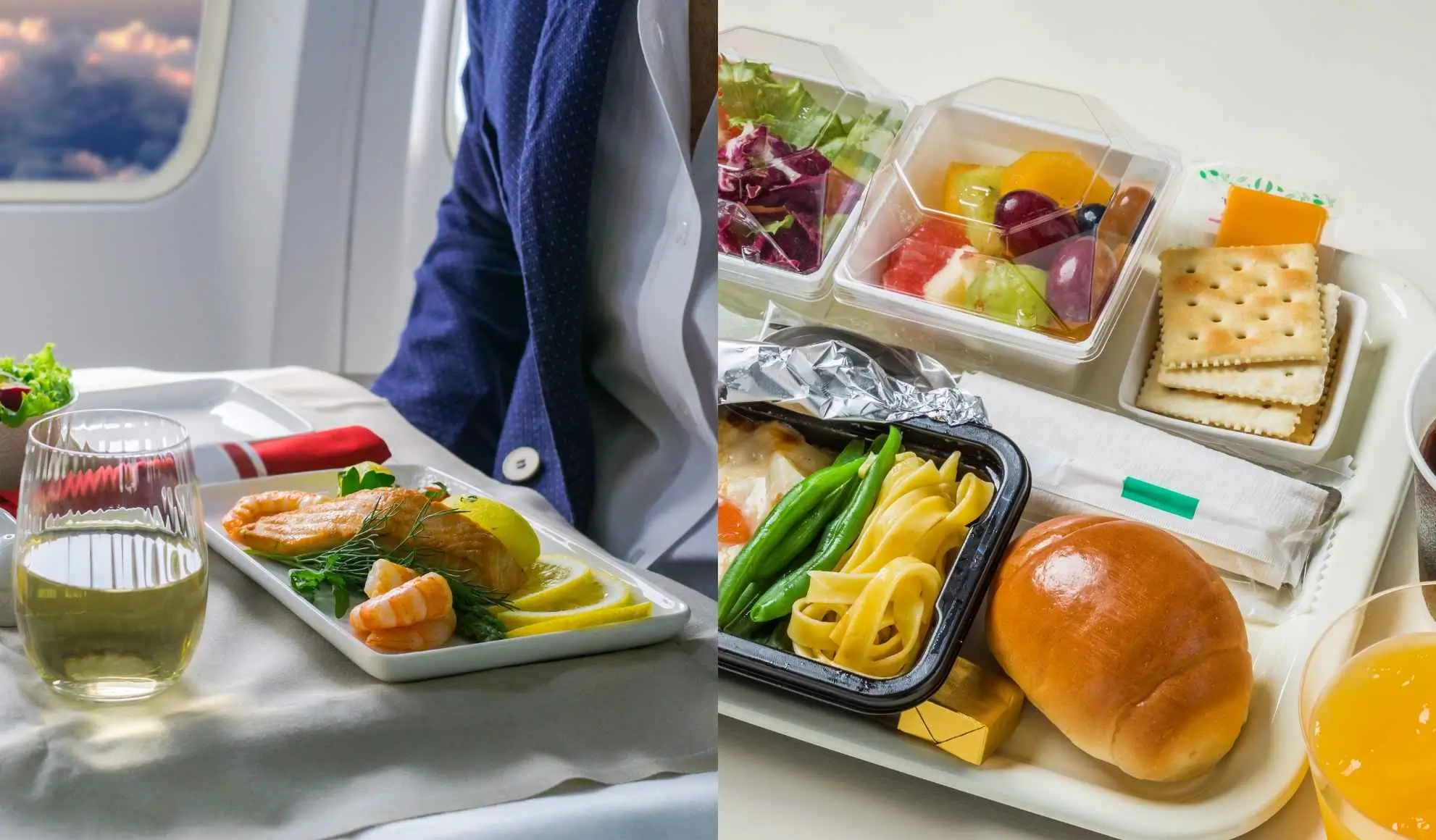 catering-differenze-volo-linea-vs-charter Confronto tra pasto standard di un aereo di linea e catering gourmet a bordo di un volo charter privato