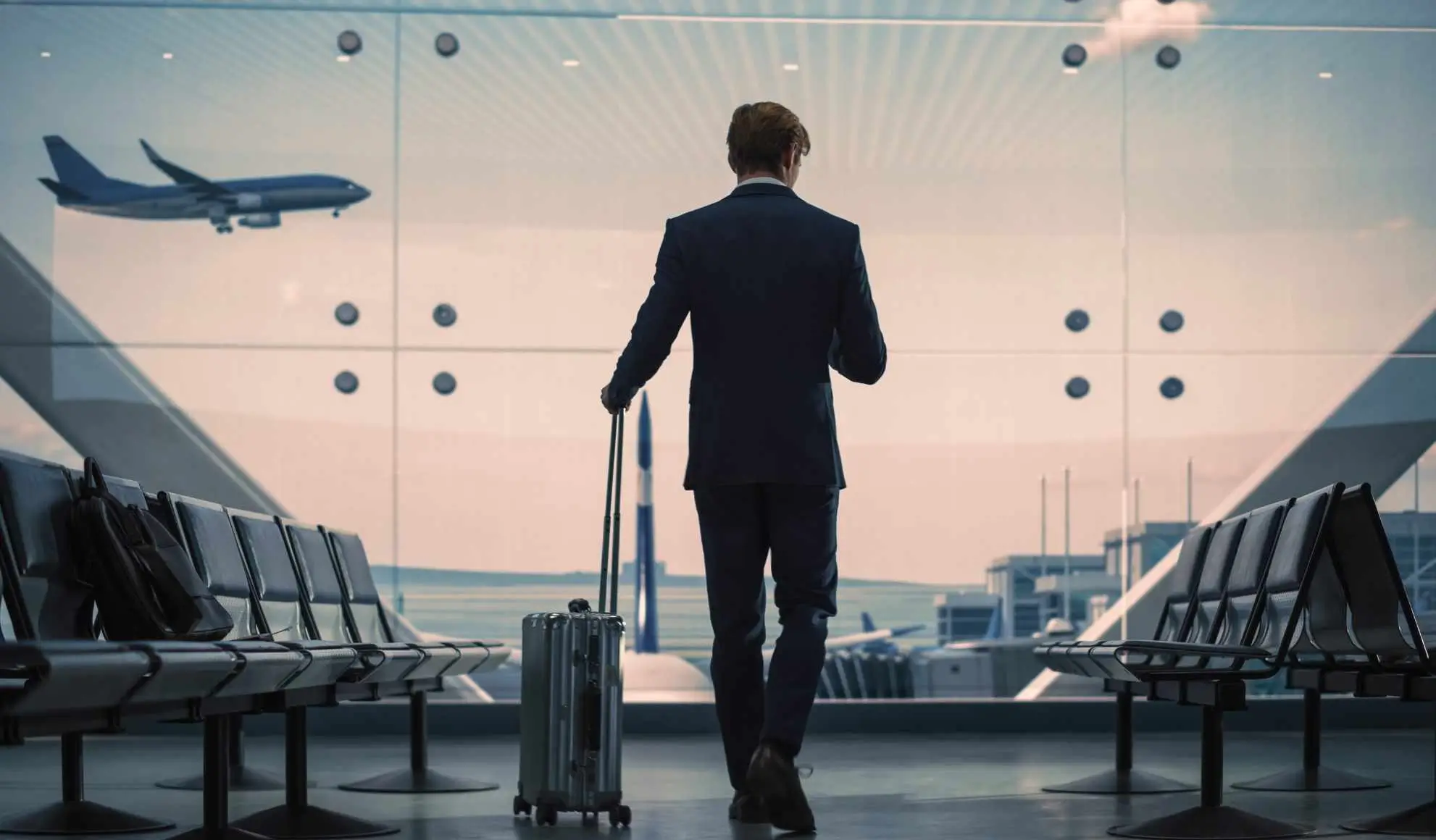 Professionista in aeroporto durante la valutazione tra volo charter e low cost per un evento aziendale