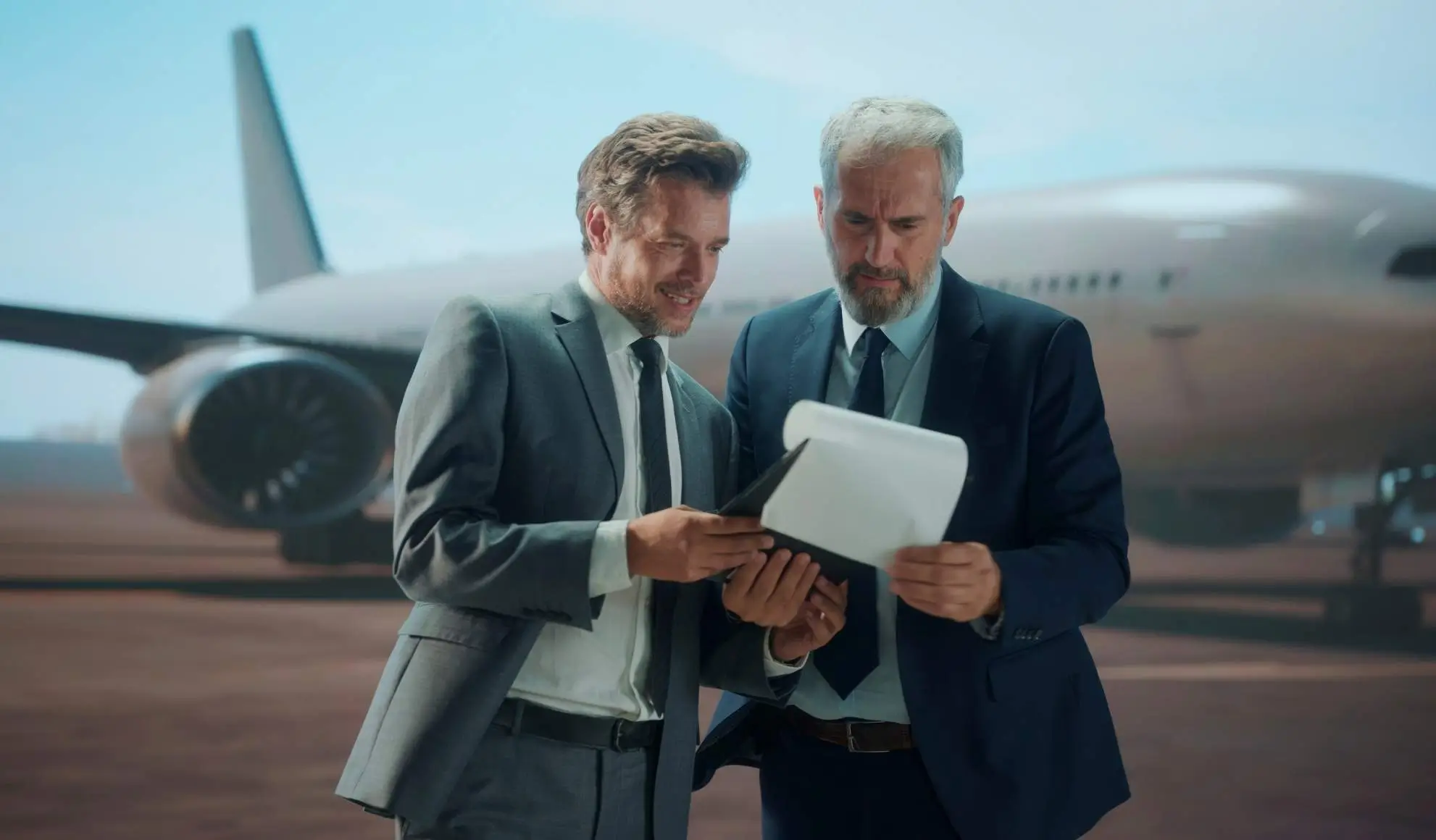Due professionisti MICE che analizzano documenti operativi davanti a un aereo per la gestione di un volo charter Flyness