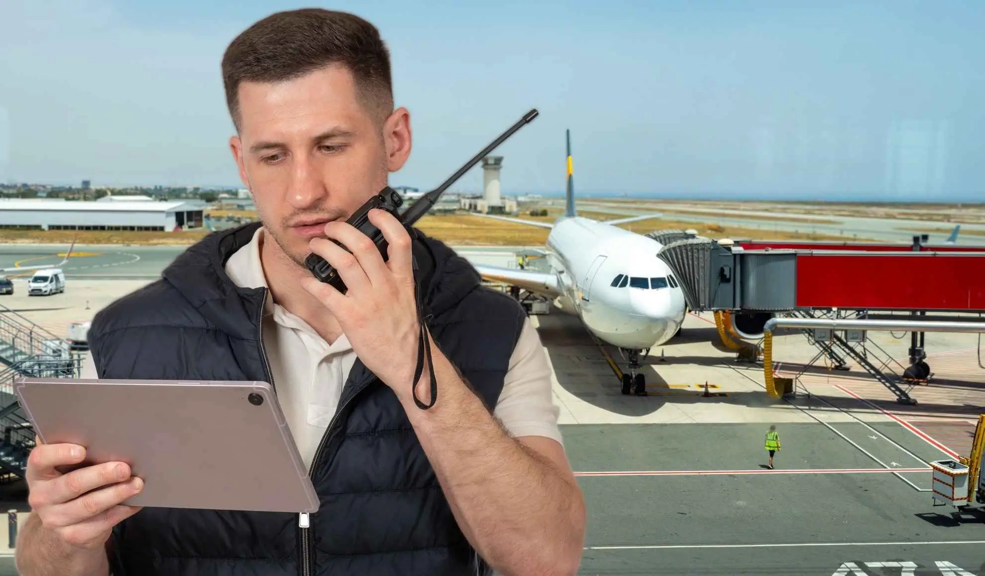 Flight Rider che coordina le operazioni di volo charter sportivo con radio e tablet in aeroporto