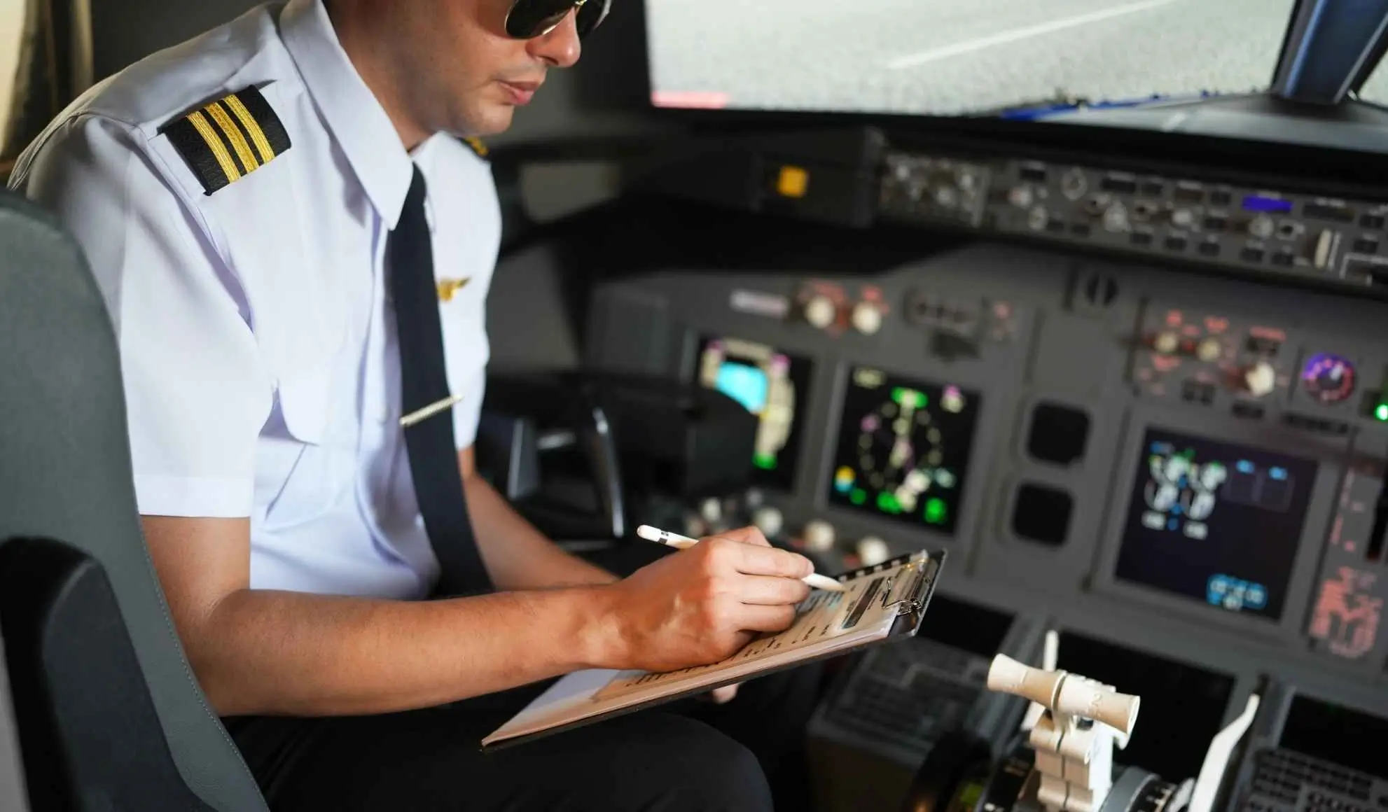 codici-icao-pilota-cockpit-operazioni-volo Pilota in cockpit consulta documenti di volo, esempio di utilizzo dei codici ICAO nelle operazioni aeroportuali e nei piani di volo