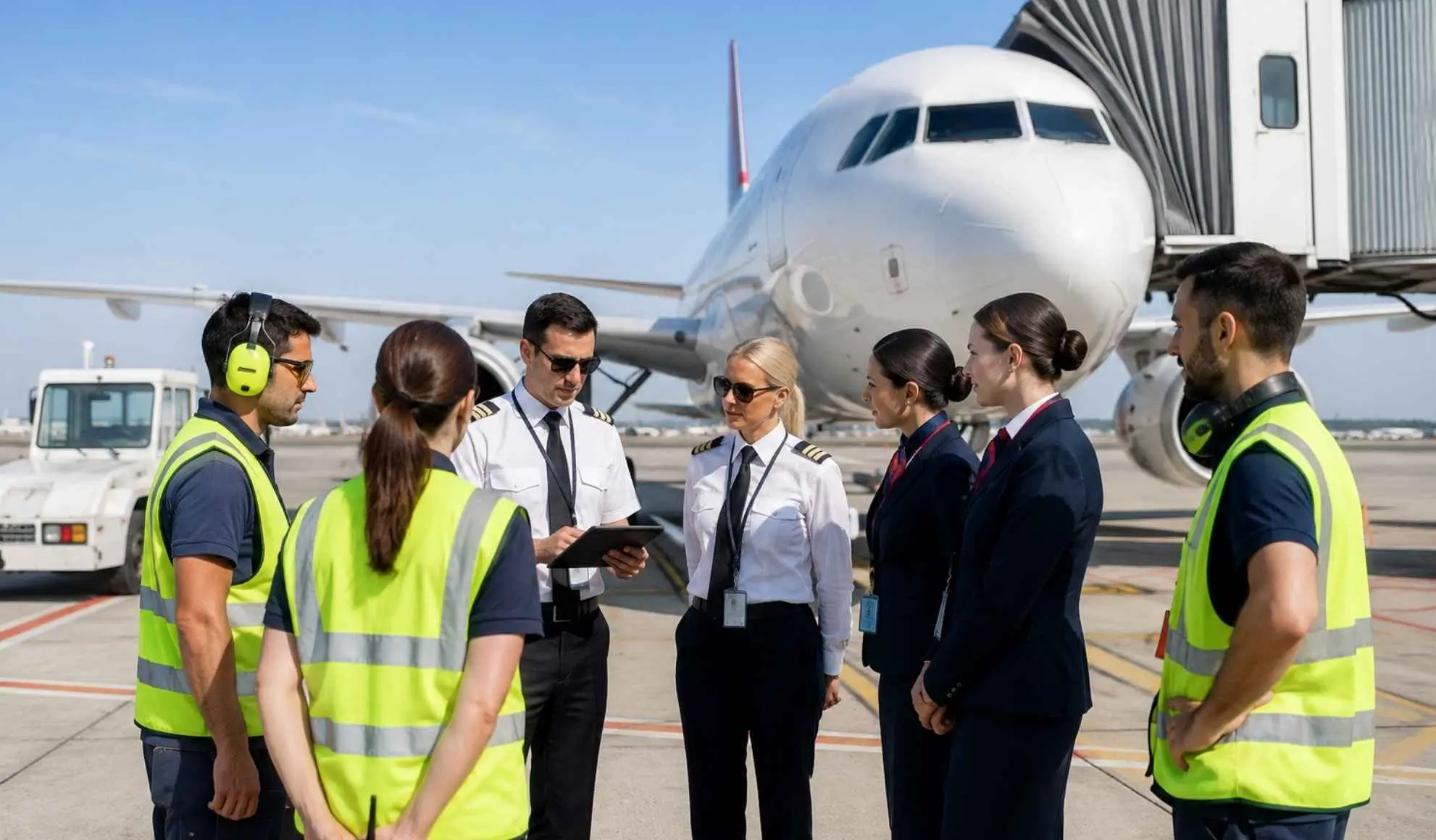 coordinamento-equipaggio-personale-terra-partenza-volo Equipaggio di volo e personale di terra si coordinano accanto a un aeromobile prima della partenza