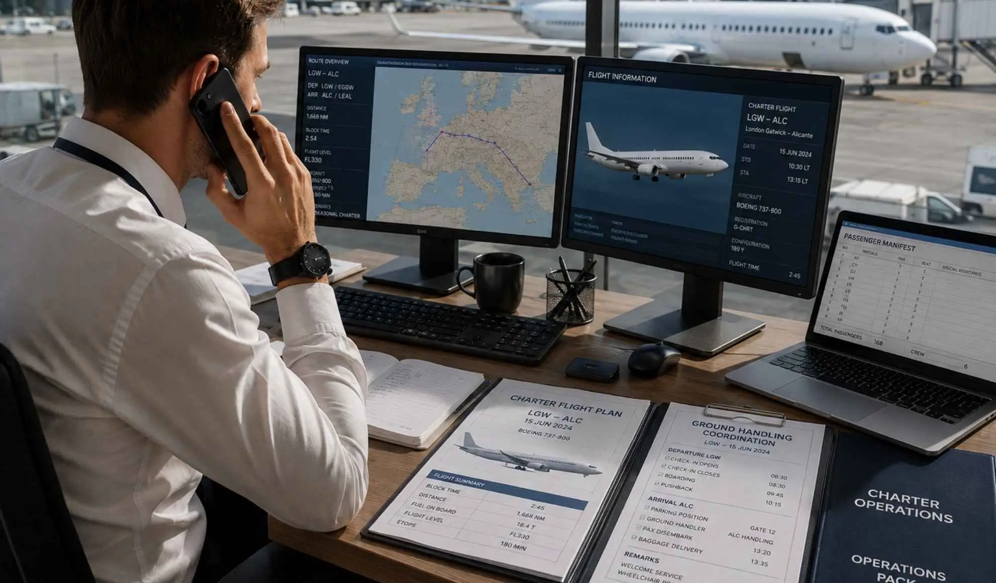 pianificazione-operativa-volo-charter-commerciale Professionista coordina un volo charter con aeromobile commerciale e dati operativi su più monitor