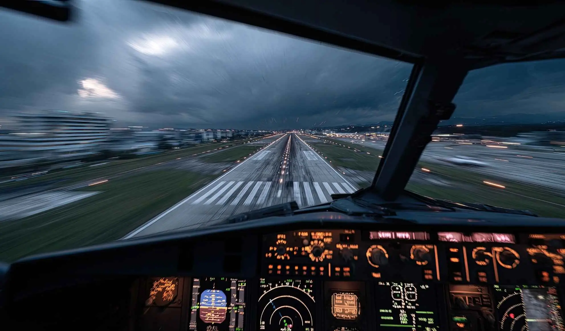 Vista dalla cabina durante l’avvicinamento a un aeroporto internazionale