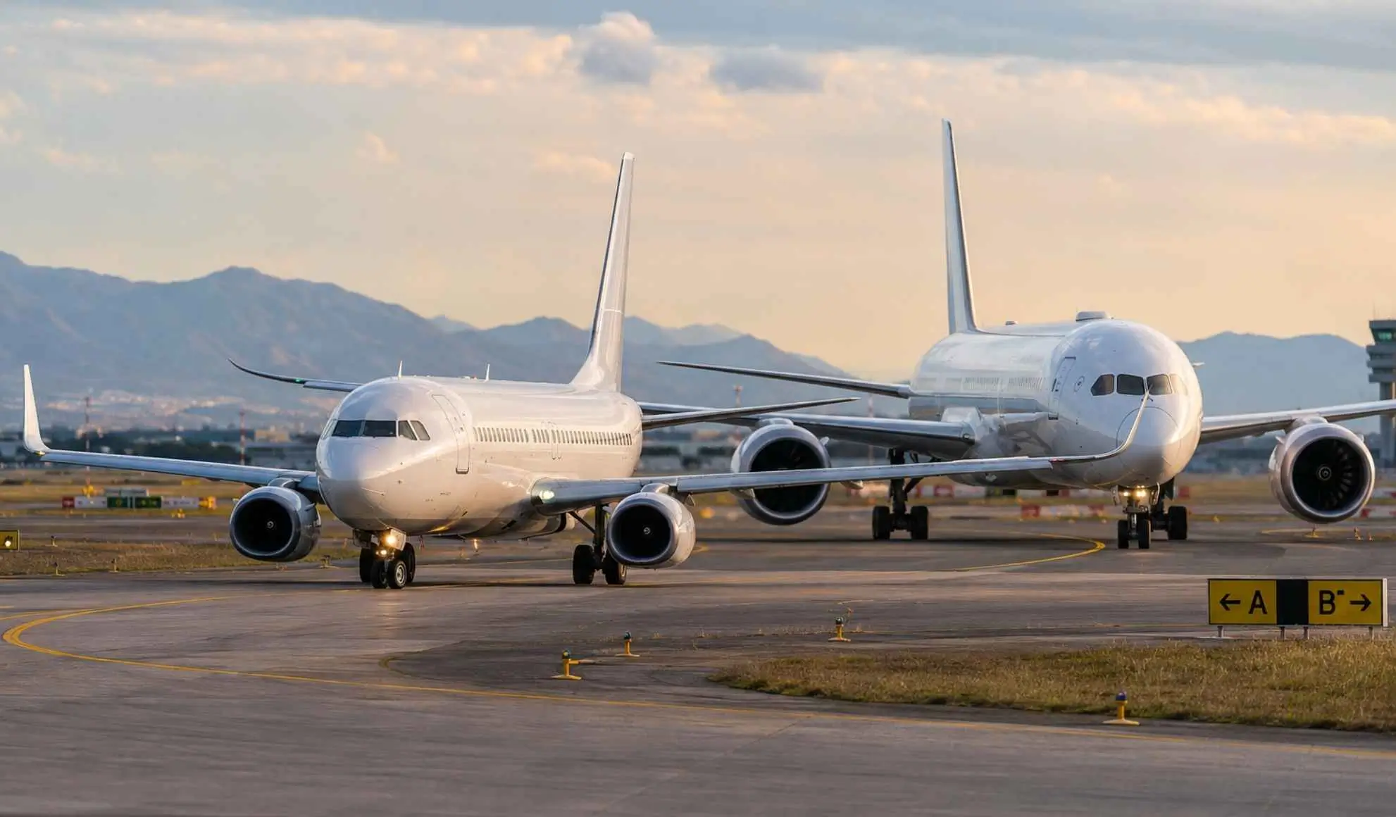 Aeromobile a corto raggio e aeromobile a lungo raggio in sequenza sulla pista di rullaggio