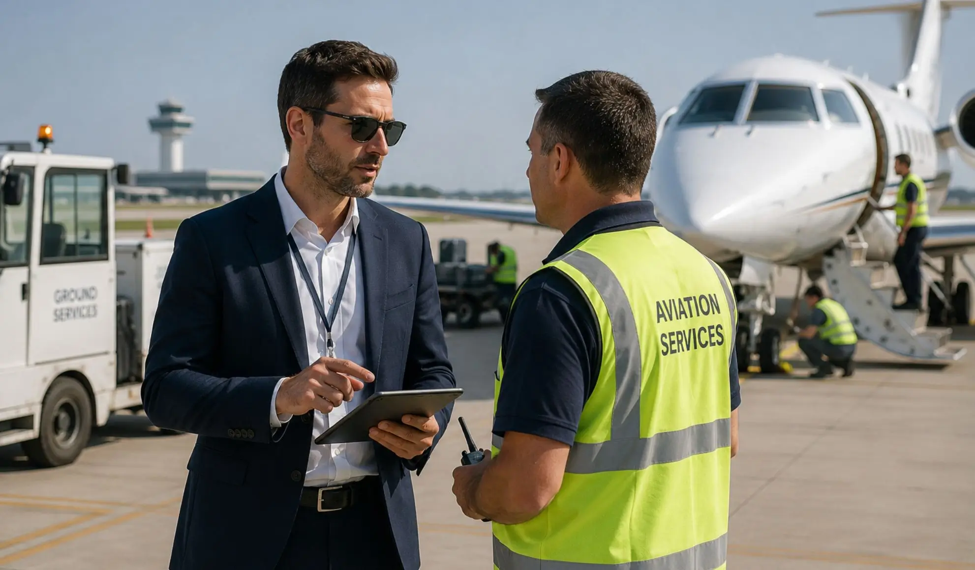 coordinamento-flyness-handler-volo-charter Referente Flyness coordina con un addetto aeroportuale le operazioni di handling di un volo charter.