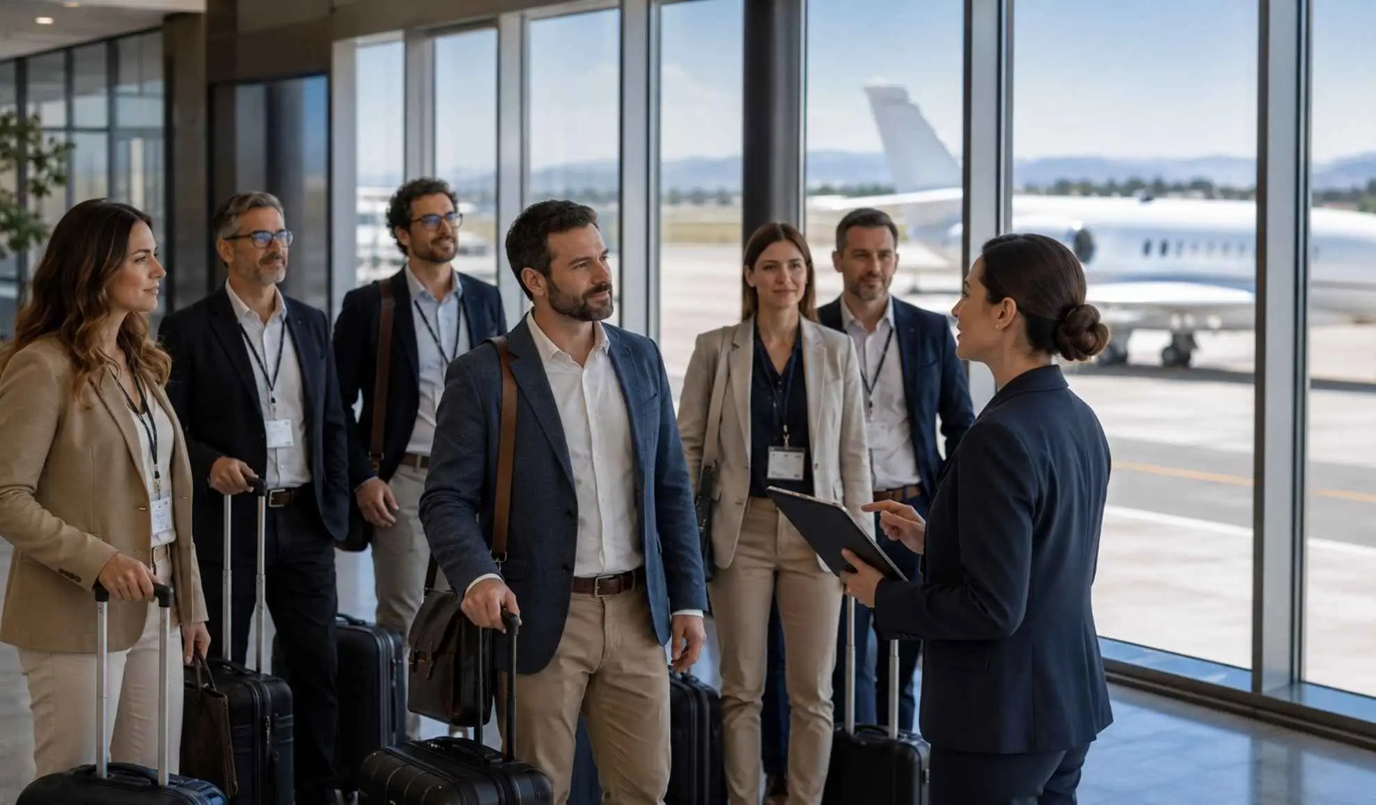 Tour leader assiste un gruppo incentive con bagagli prima di un volo charter Flyness, esempio di organizzazione per eventi.