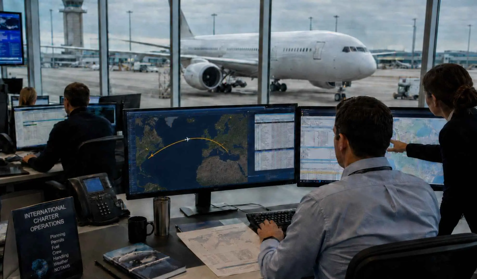 Team operativo pianifica un volo charter internazionale con aeromobile commerciale e rotta visualizzata sui monitor